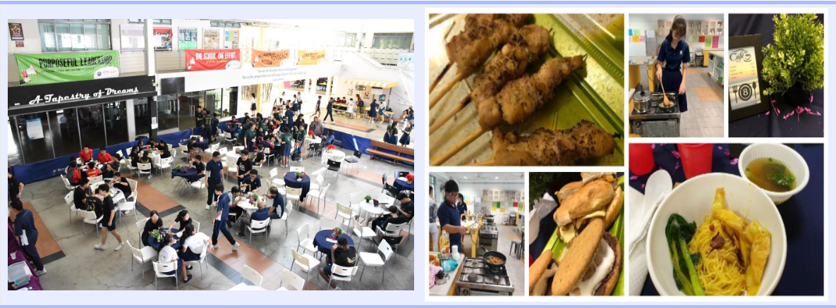 Students in uniforms dining in a school hall, with close-up photos of skewers, noodles, soup, and a sandwich.
